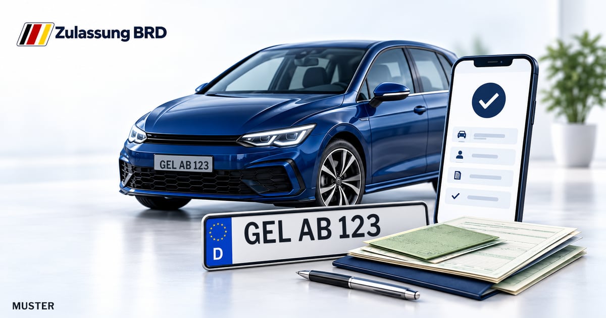 Online Fahrzeugzulassung in Issum: Musterkennzeichen GEL AB 123, Auto und Fahrzeugpapiere und Smartphone. Illustration mit Logo von Zulassung BRD.